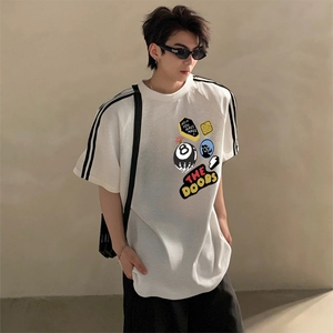 抖音得物高品质二开240克宽松纯棉美式潮牌三条杠织带短袖T恤图片