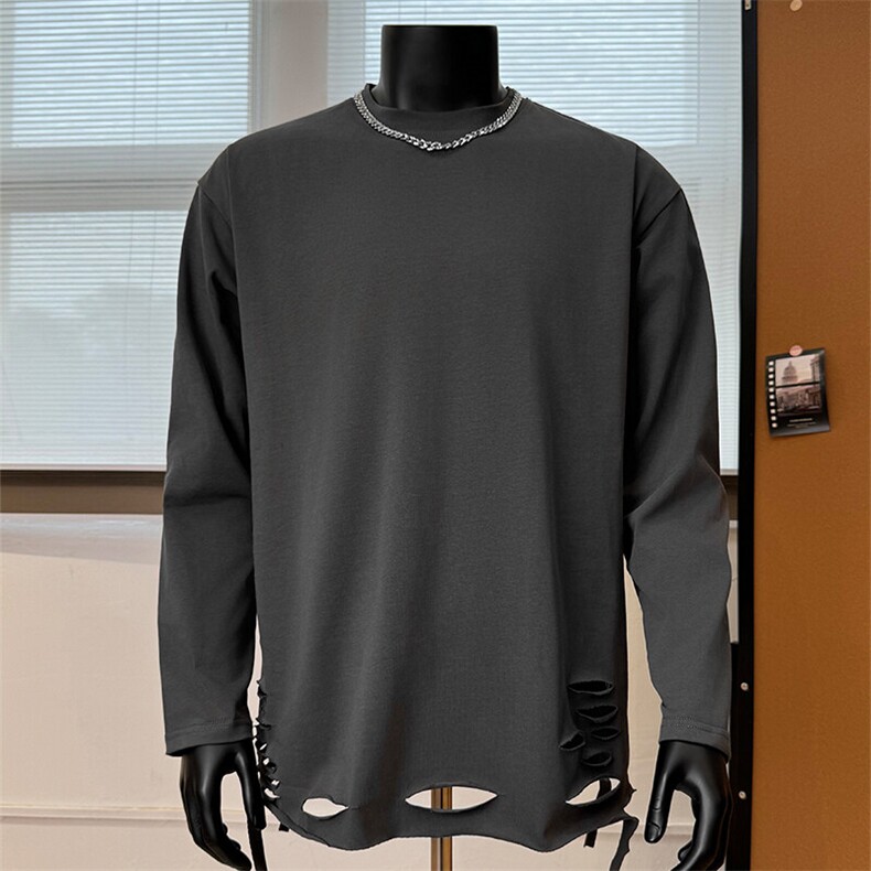 2025春夏310克双纱预缩纯棉男女打底衫叠穿破洞长袖T恤T276/特P40，男装T恤，星座608A