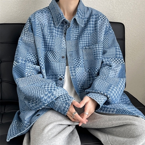 2025春新翻领牛仔衬衫男港风美式大码高街千鸟格夹克外套J529-P65图片
