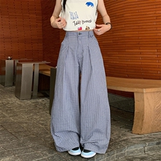 蓝色韩版木耳边格子休闲裤女2025夏季新款直筒高腰显瘦宽松阔腿裤，男装休闲裤，星座506A