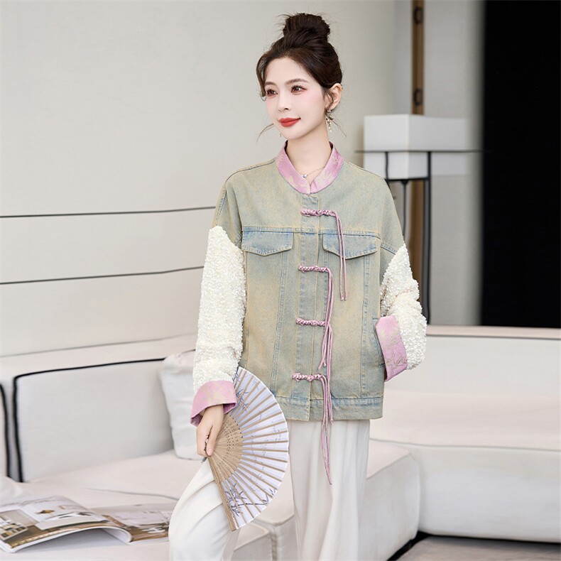 欧版牛仔外套女亮片拼接上衣2024春季新中式紫色宽松牛仔衣,女装短外套,伊仟回