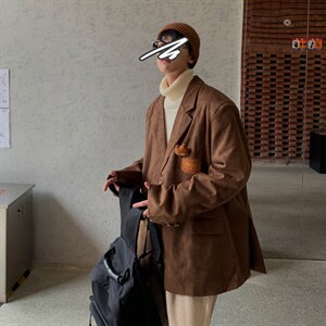 【2025秋冬】新款麂皮绒西服男小熊西装宽松韩版慵懒学院风外套,男装西服套装,星座112A