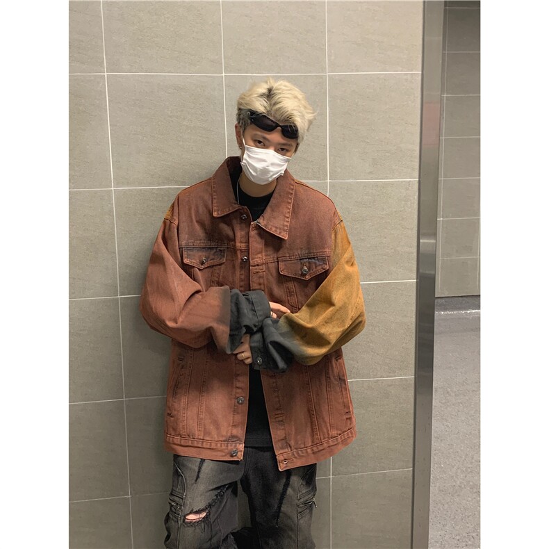 美式小众复古渐变色牛仔外套男秋季vintage潮牌廓形设计宽松夹克,男装工装外套,星座1210-1