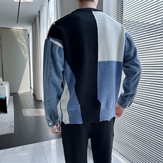 M932-P63秋冬季美式牛仔拼接撞色设计感小众毛衣男圆领宽松情侣潮，男装针织衫/毛衣，电商D310B-1