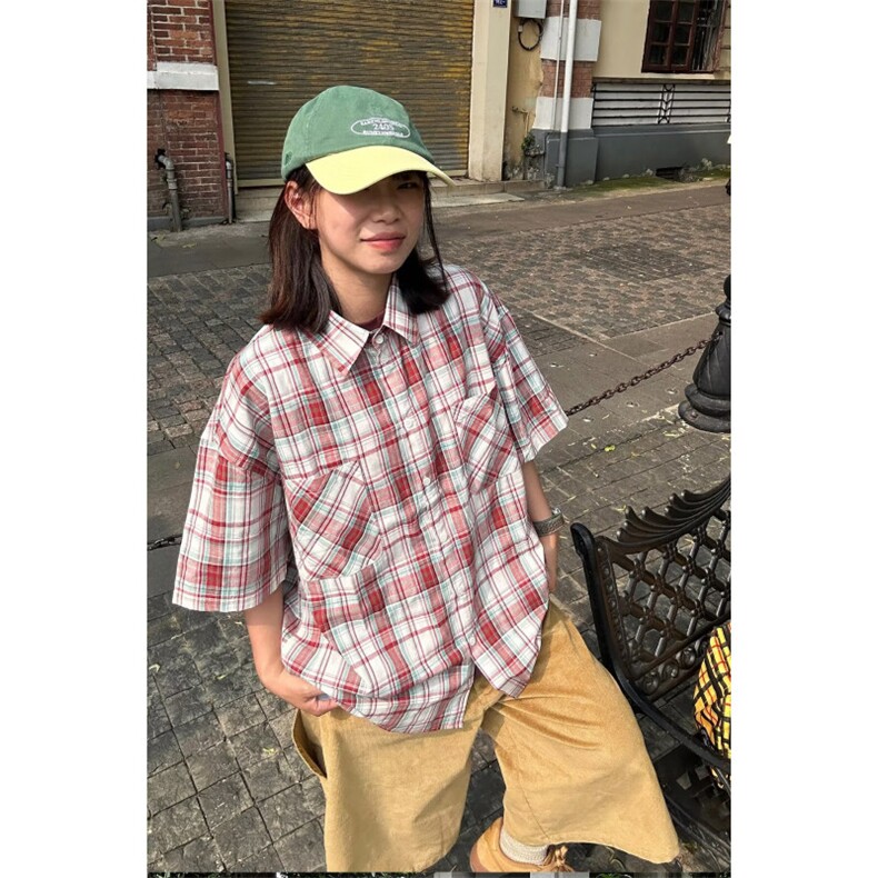 1506/Q52210/P37港风格子短袖衬衫男款潮牌美式休闲百搭情侣衬衣,男装T恤,星座1506