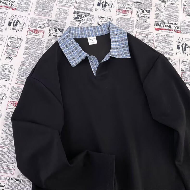 现货格子假两件polo翻领卫衣男ins潮流长袖打底衫套头衣WY682-p42，男装Polo衫，星座302B-2