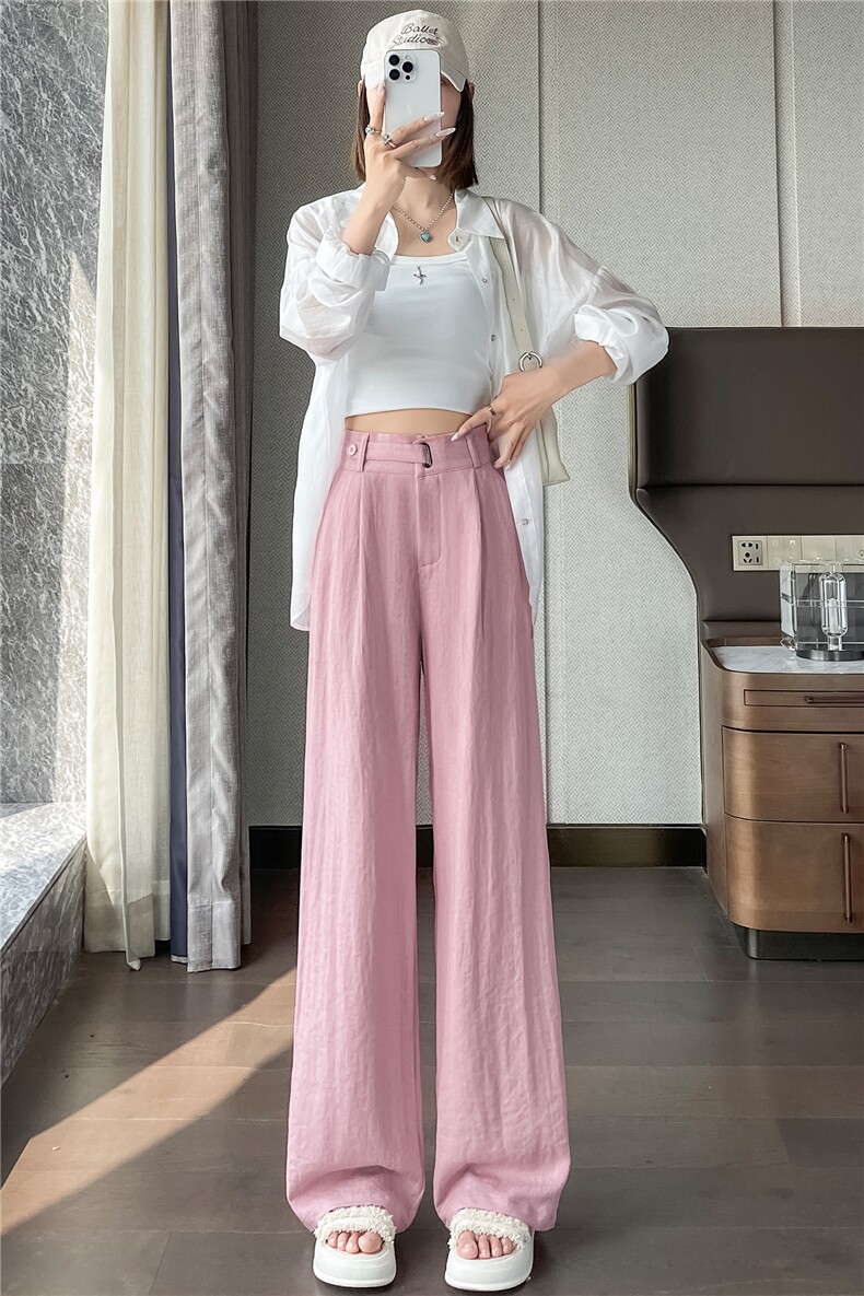 夏季新款高腰亚麻冰丝阔腿裤女2025高级感宽松直筒休闲垂感拖地裤,女装休闲裤,梦白服饰厂