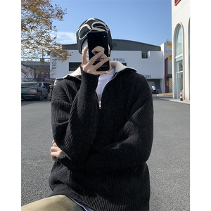 B278-P56 冬季潮牌简约宽松保暖针织衫日系ins复古半拉链毛衣男图片