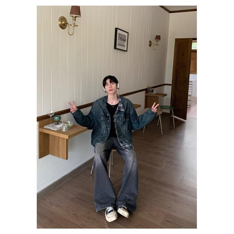 得物二开设计感格子不规则拼接假两件牛仔外套男夹克JK1279-P65,男装工装外套,星座1103-3