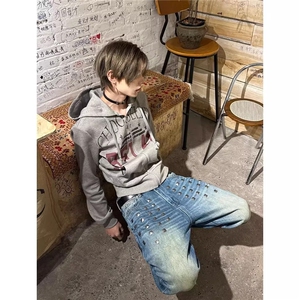 美式复古重工铆钉水洗牛仔男女秋冬宽松阔腿拖地长裤WLC6544-P58图片