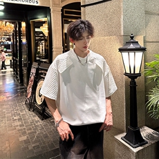设计感拼接宽松圆领短袖夏季潮流休闲T恤纹路感潮牌上衣842P38，男装T恤，电商A458A