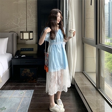 夏季韩系宽松显瘦甜美设计感独特漂亮长裙温柔风蕾丝拼接连衣裙女，女装连衣裙，2C353
