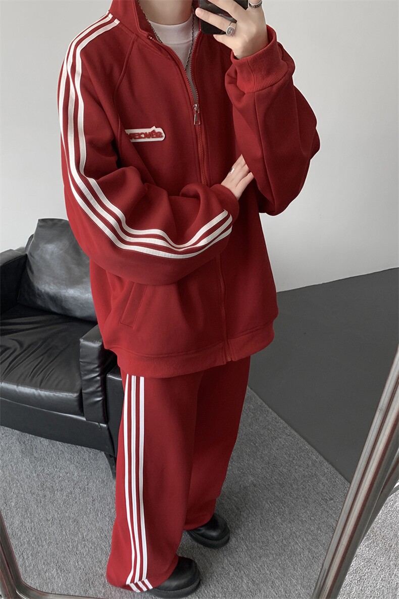 8XL-M条纹撞色开衫新年红卫衣运动套装潮牌运动服校园风TZ114P118,男装休闲套装,电商D206-1