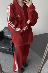 8XL-M条纹撞色开衫新年红卫衣运动套装潮牌运动服校园风TZ114P118图片