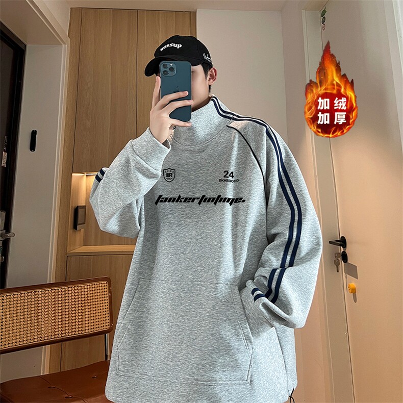 W8903加绒-P72秋冬大码纯棉男女同款两条杠加绒加厚立领卫衣,男装卫衣,星座109