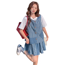 文艺风氛围感格纹牛仔套装裙女夏休闲小个子减龄t恤半身裙三件套，女装套装/套裙，2C176