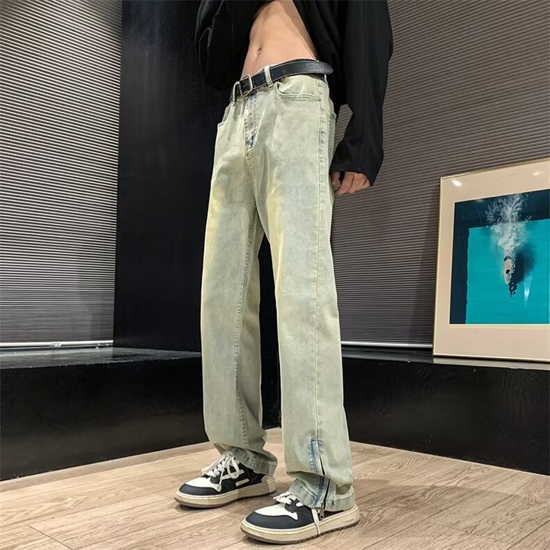 嘻哈做旧黄泥染直筒牛仔裤男女时尚复古宽松青年开叉拉链喇叭长裤,男装牛仔裤,星座601-2
