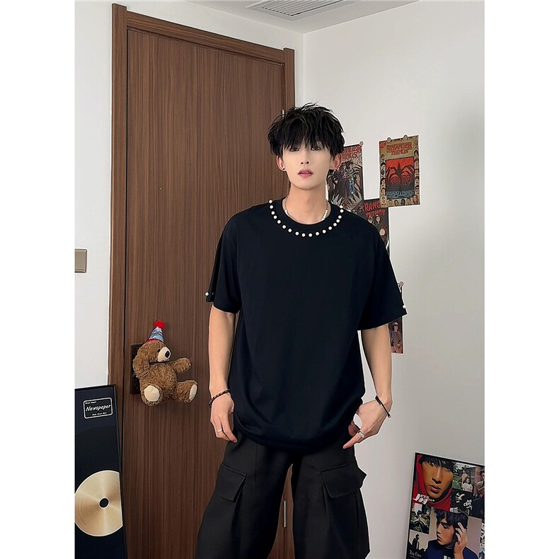 高货夏季新款重磅高品质手工珍珠抖音得物圆领短袖T恤G1201-P38,男装T恤,电商C310