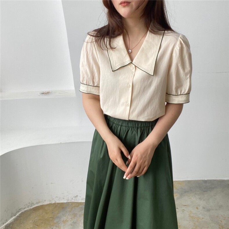 翻领撞色边上衣，女装，土布鱼