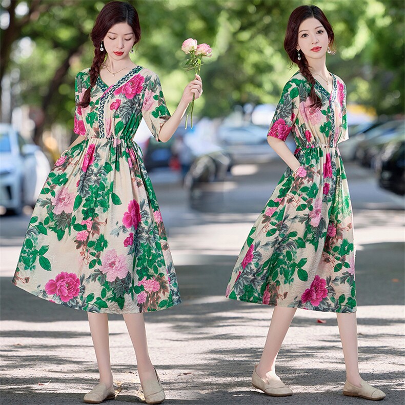 复古印花棉麻连衣裙女2025夏季新款V领气质收腰显瘦减龄休闲裙子,女装连衣裙,魅影