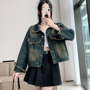 复古做旧毛边牛仔外套春季新款小个子高级感短款上衣女NZ033-75,棕色长筒袜子搭配什么上衣图片