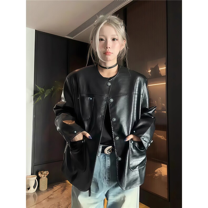 鳄鱼皮纹小香风皮衣外套男女款秋季穿搭pu皮夹克美式正肩无领外套,男装夹克,星座1210-1