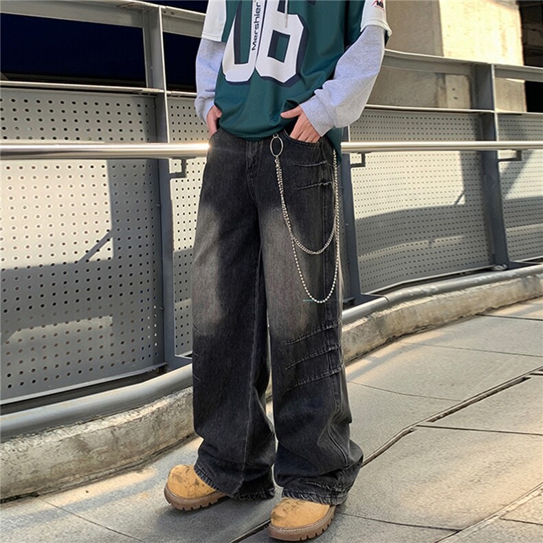 抓痕做旧牛仔裤男女春秋美式高街宽松休闲小众复古水洗直筒阔腿裤图片