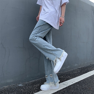 现货 黄泥美式vibe裤高街黑色破洞微喇直筒毛边牛仔裤男 K890-P55图片