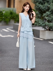现货轻熟风气质套装女2026夏季麻料薄款西装马甲上衣阔腿裤两件套，女装套装/套裙，艾仟回(原伊仟回)