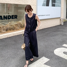 藏青色盐系木耳边套装女2025年夏季新款气质通勤马甲阔腿裤两件套，女装套装/套裙，纯色衣恋