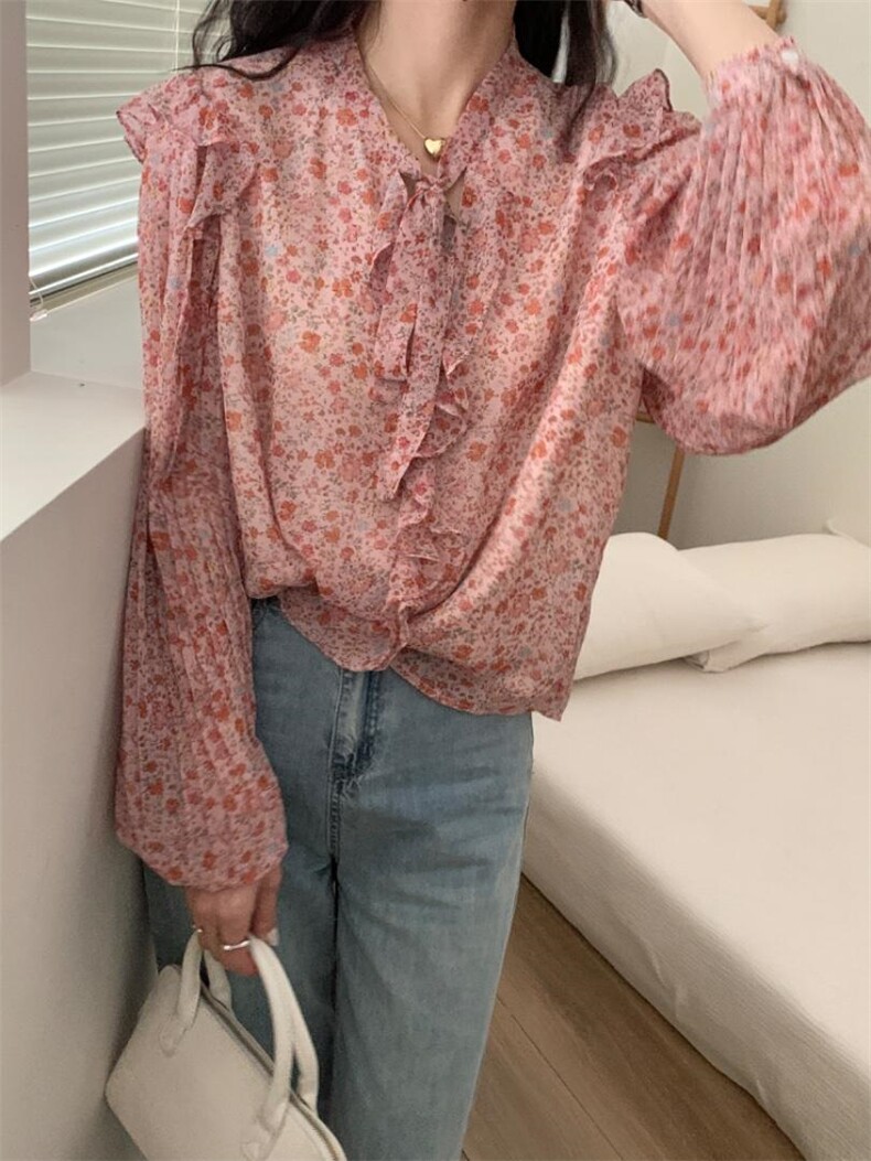 夏季新款韩系碎花花边小衫，其它，三文鱼