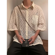短袖镂空衬衫男女夏季复古新中式小众设计感2023衬衣上衣~CS7866，男装衬衫，星座601-2