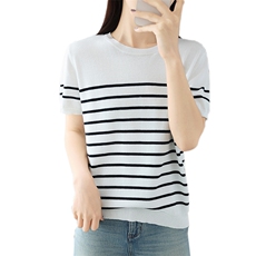 时尚简约百搭舒适纯棉黑白间色条纹短袖，女装T恤，玛莎羊绒
