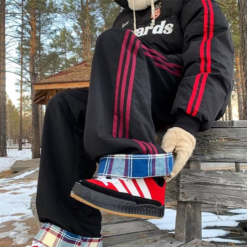 条纹阔腿裤女秋冬高腰垂感宽松直筒休闲加厚休闲裤加绒灰色运动裤，女装休闲裤，星座506A