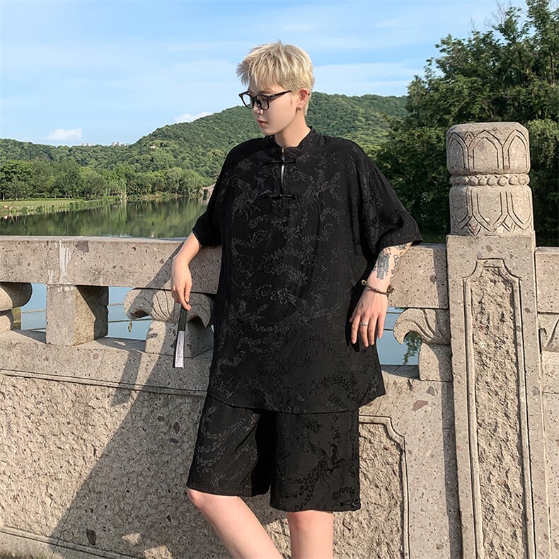 量大优供视频新风龙凤提花冰丝短袖短裤套装男TZ2406-特P60,男装休闲套装,电商A028