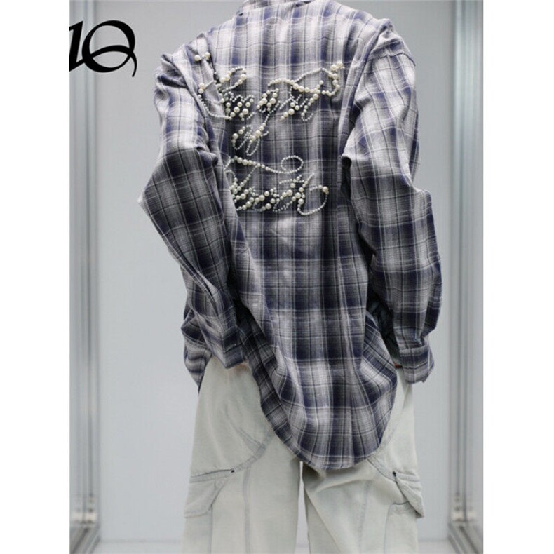 春夏珍珠设计格子衬衫男女宽松2025高级感中性风长袖衬衣C7019，男装衬衫，星座1116A（原606A-3）