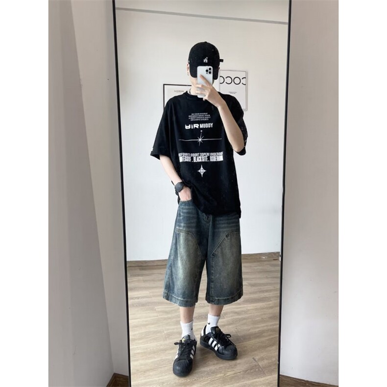 美式复古水洗牛仔短裤男夏季街头阔腿做旧七分裤潮DK879-P45,男装牛仔裤,星座1001-1