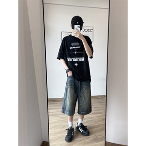 美式复古水洗牛仔短裤男夏季街头阔腿做旧七分裤潮 DK879-P45图片