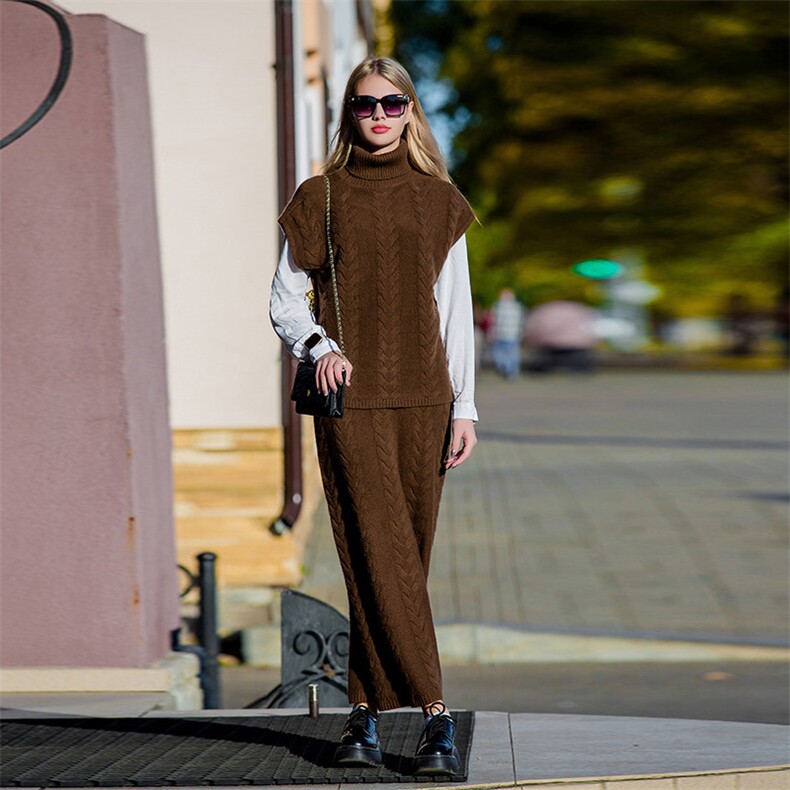 大麻花羊绒套裙女羊绒显瘦高领无袖长裙冬季保暖必备，女装套装/套裙，美创羊绒