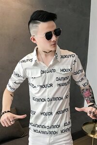 905-P45  2021夏季潮男中袖衬衫韩版修身帅气短袖休闲网红衬衣图片