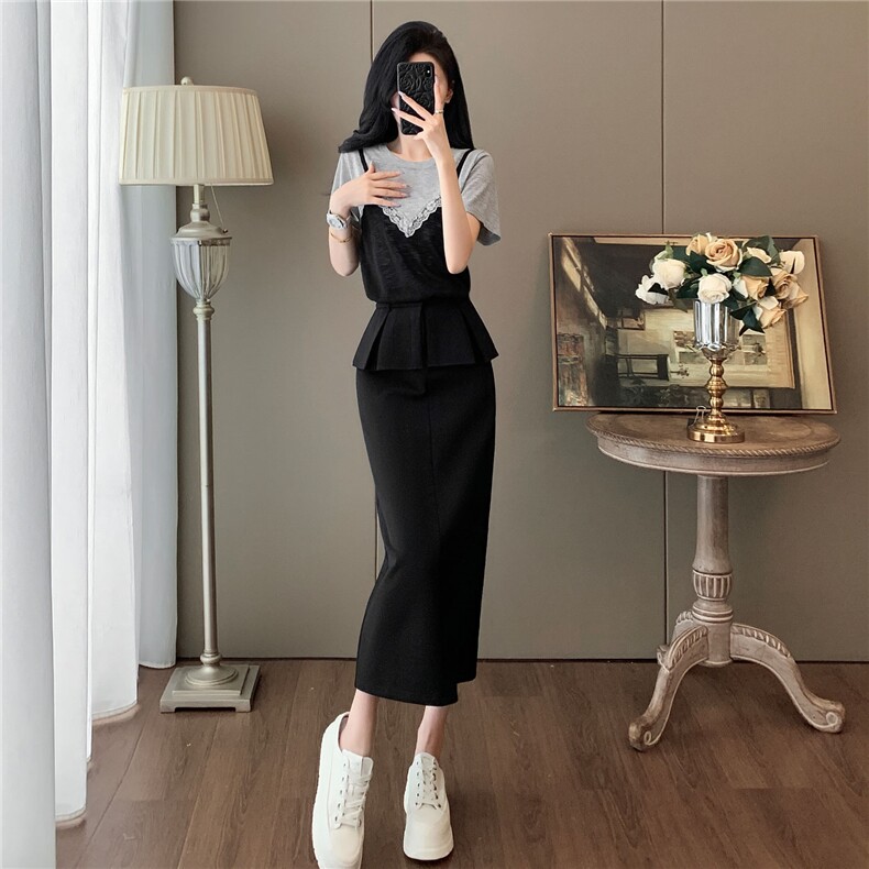 韩版休闲时尚运动套装女夏款蕾丝吊带拼接上衣开叉半身长裙两件套,女装套装/套裙,江南