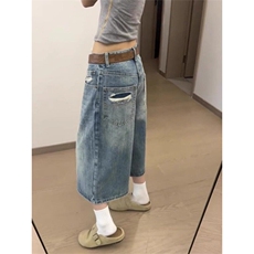 美式水洗破洞牛仔裤男女夏季新款直筒显瘦七分中裤子WLA1455-P53，男装牛仔裤，星座1008