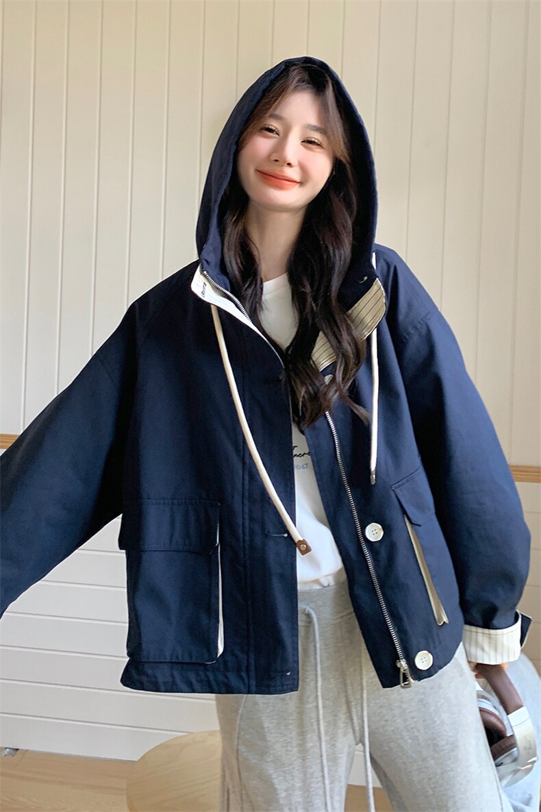 韩版设计感条纹拼接廓形短外套女2025春新款休闲气质减龄连帽上衣,女装风衣,浙宝285（原212）