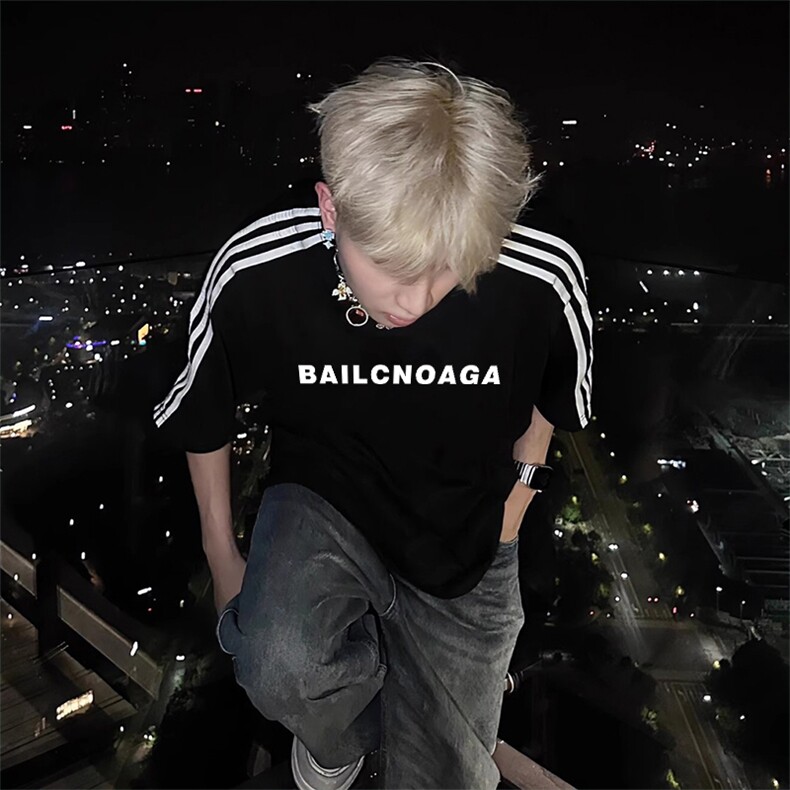 抖音得物高品质二开240克宽松纯棉美式潮牌三条杠织带短袖T恤，男装T恤，电商A486-1