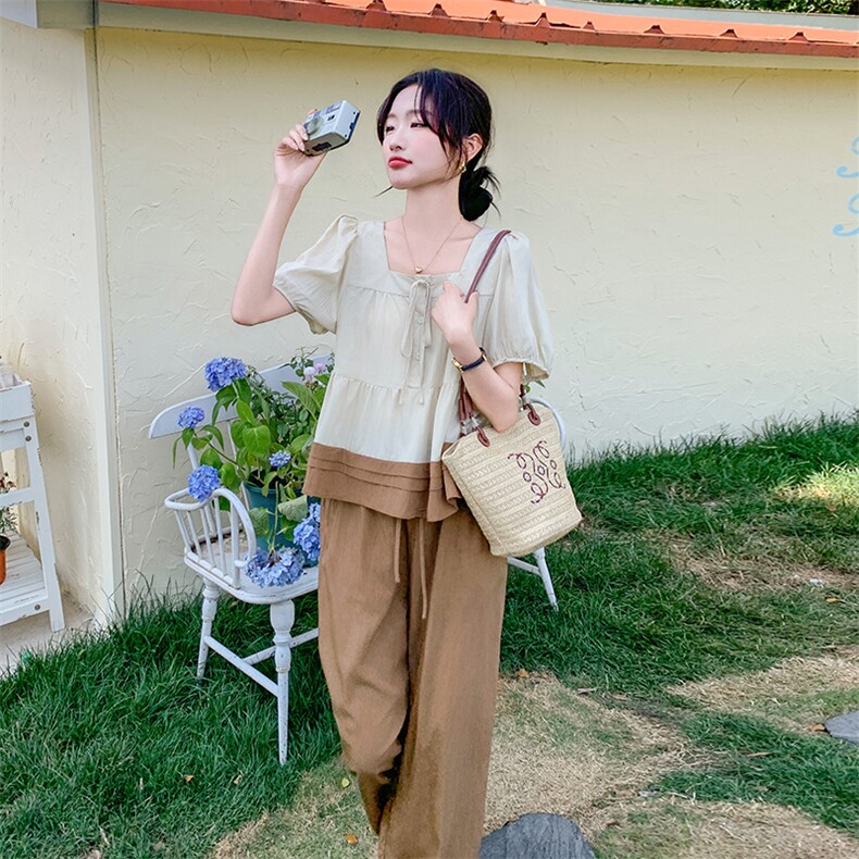 慵懒松弛感休闲套装女2025夏季穿搭一整套泡泡袖上衣阔腿裤两件套,女装套装/套裙,维壹