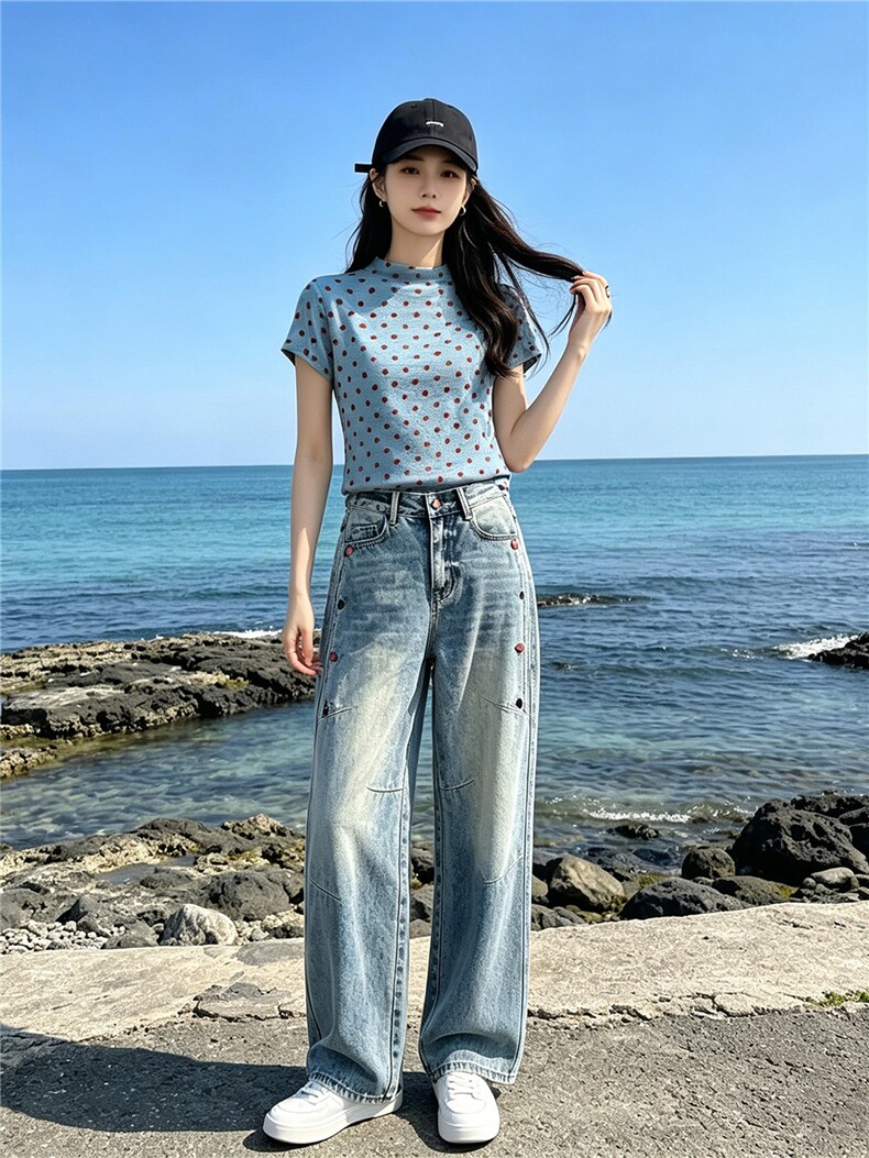 时尚休闲减龄套装女夏季新款波点短袖上衣高腰阔腿牛仔裤两件套潮,女装套装/套裙,江南