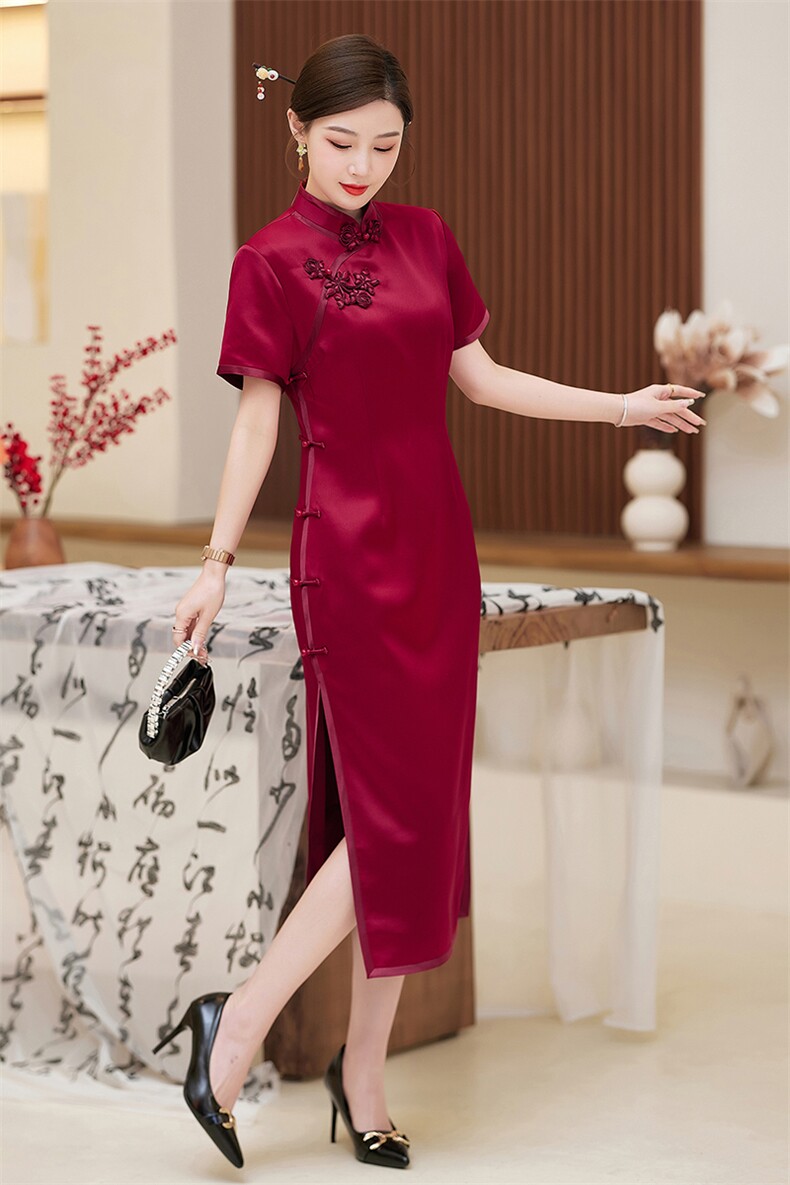 喜婆婆婚宴装2025新款醋酸大码妈妈礼服高贵改良红色旗袍连衣裙夏,女装汉服/婚纱/旗袍/礼服,小荷流