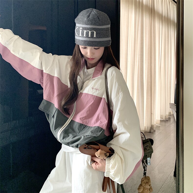撞色拼接冲锋衣外套女2025春秋新款韩系学院风宽松休闲小个子夹克,女装短外套,浙宝276（原081）
