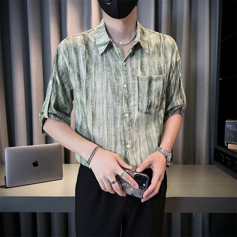 小伙夏季男士七分袖扎染衬衫男休闲宽松衬衣A236-0853-特P35,男装衬衫,电商A236