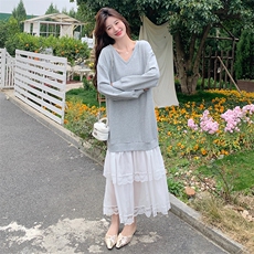 2025新款现货！超美连衣裙春季长袖拼接蕾丝下摆配飘带，女装连衣裙，1C151